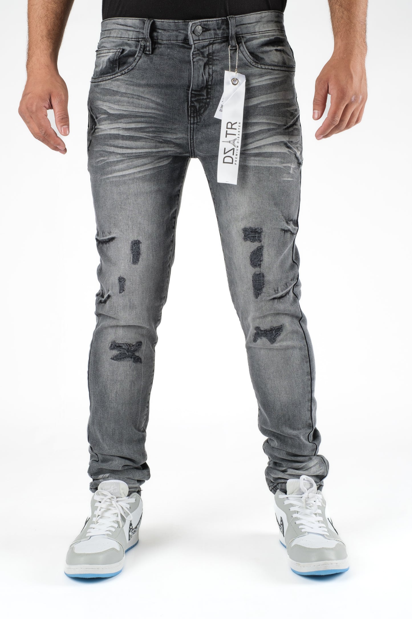 MENS CLASSIC ULTRA STRETCH DENIM - GREY BLACK RIP DZTR-321