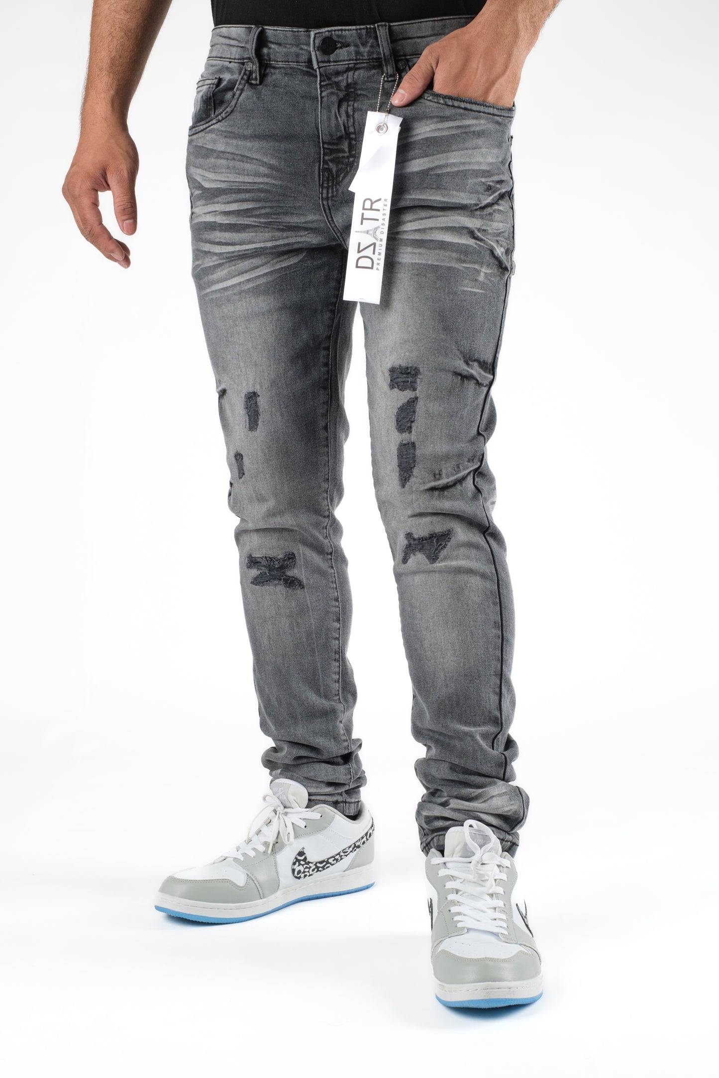 MENS CLASSIC ULTRA STRETCH DENIM - GREY BLACK RIP DZTR-321