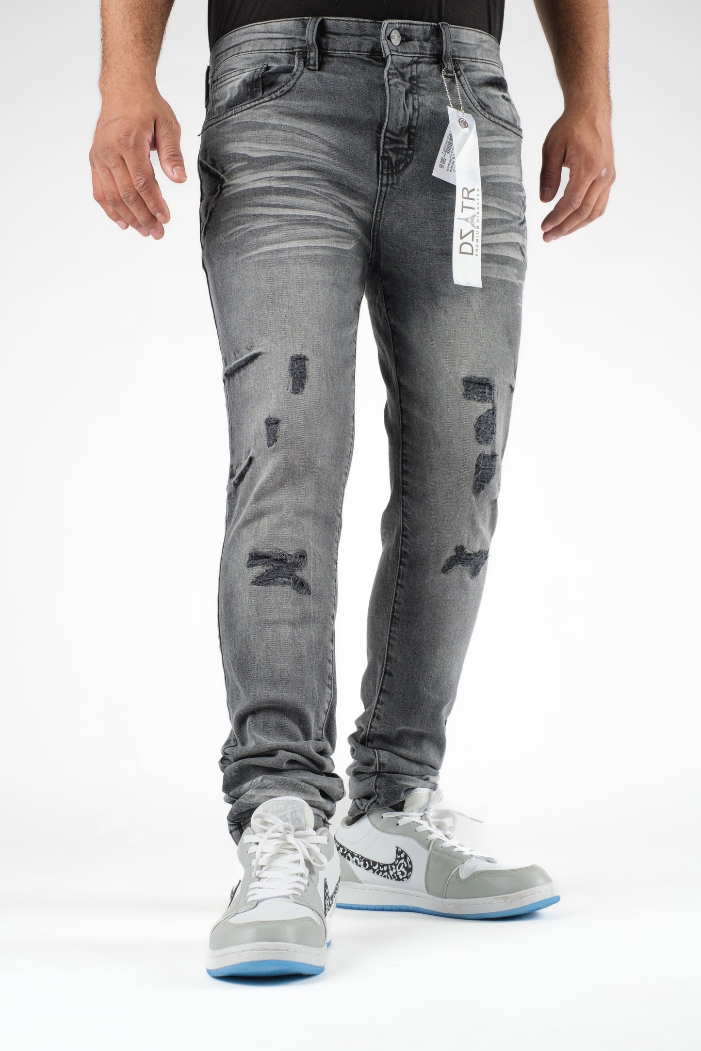 MENS CLASSIC ULTRA STRETCH DENIM - GREY BLACK RIP DZTR-321