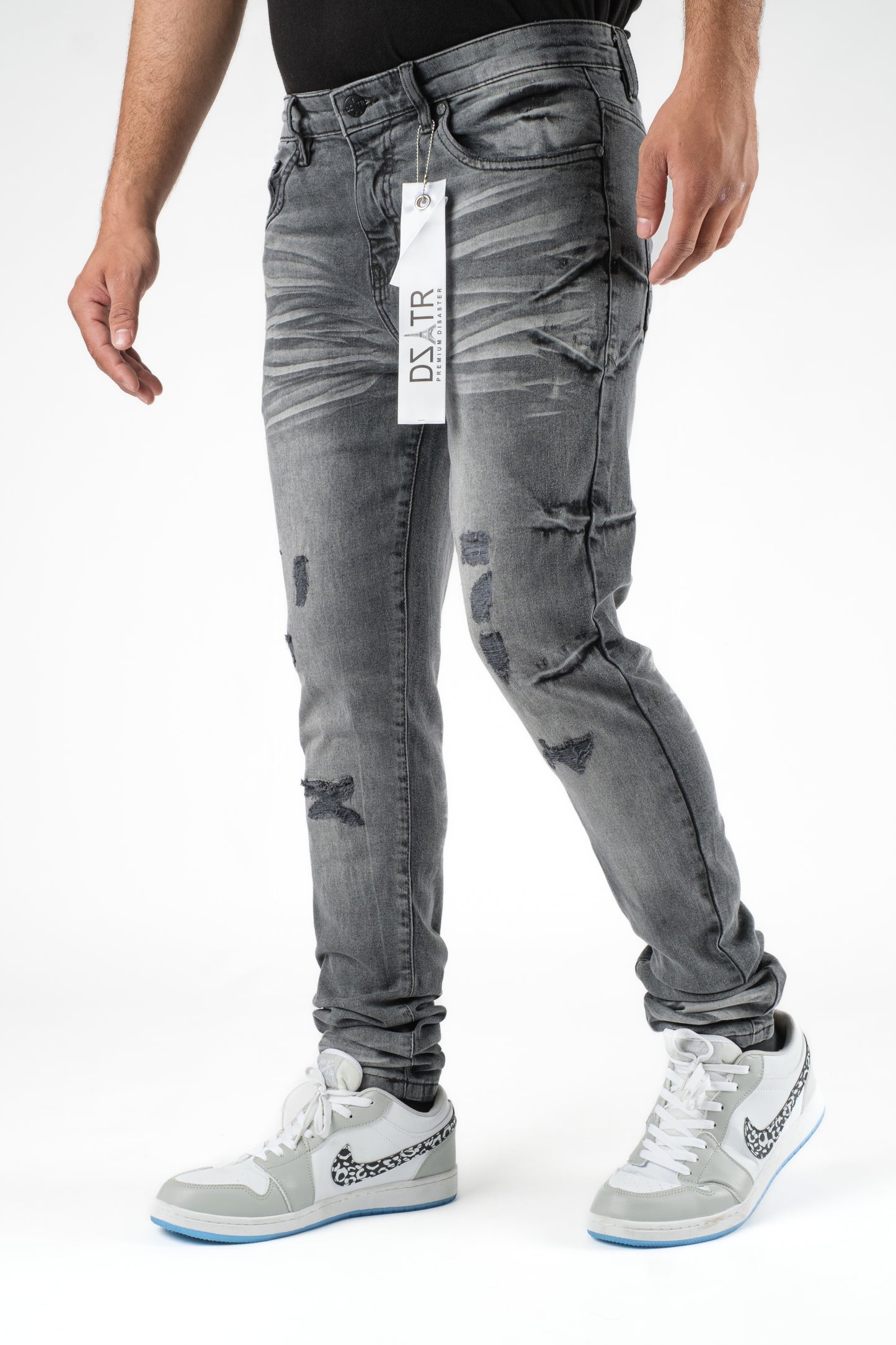 MENS CLASSIC ULTRA STRETCH DENIM - GREY BLACK RIP DZTR-321