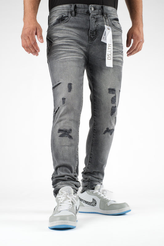 MENS CLASSIC ULTRA STRETCH DENIM - GREY BLACK RIP DZTR-321