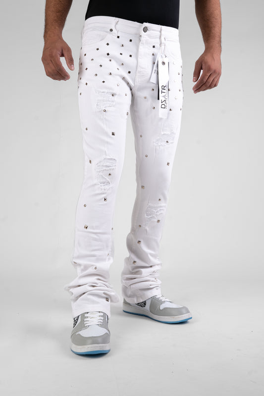 MENS CLASSIC ULTRA STRETCH DENIM -STACKED  WHITE STUD DZTR-540